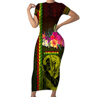 Hawaiian Reggae Music Short Sleeve Bodycon Dress Jamaica Singer Tribal Polynesian and Hibiscus LT03 Long Dress Black - Polynesian Pride