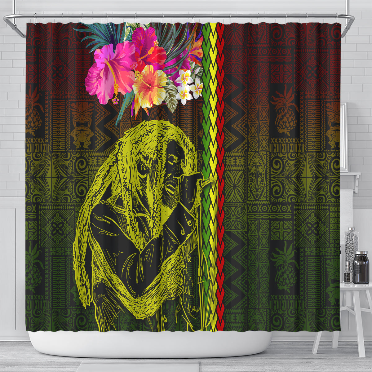 Hawaiian Reggae Music Shower Curtain Jamaica Singer Tribal Polynesian and Hibiscus LT03 - Polynesian Pride