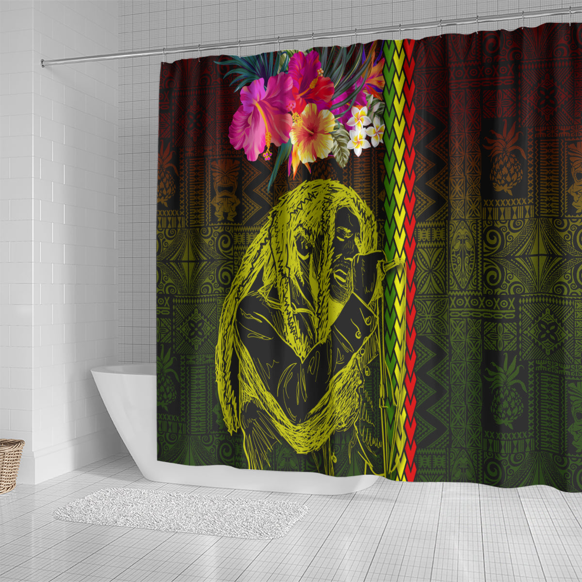 Hawaiian Reggae Music Shower Curtain Jamaica Singer Tribal Polynesian and Hibiscus LT03 - Polynesian Pride