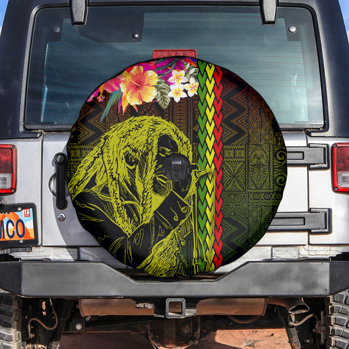 Hawaiian Reggae Music Spare Tire Cover Jamaica Singer Tribal Polynesian and Hibiscus LT03 Black - Polynesian Pride