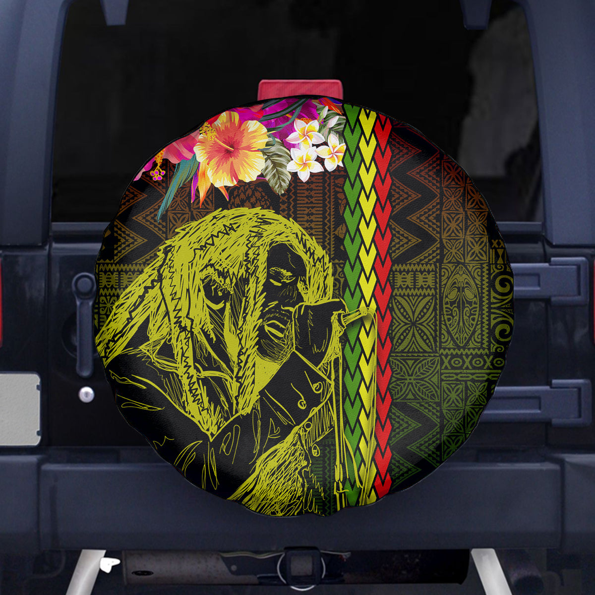 Hawaiian Reggae Music Spare Tire Cover Jamaica Singer Tribal Polynesian and Hibiscus LT03 - Polynesian Pride