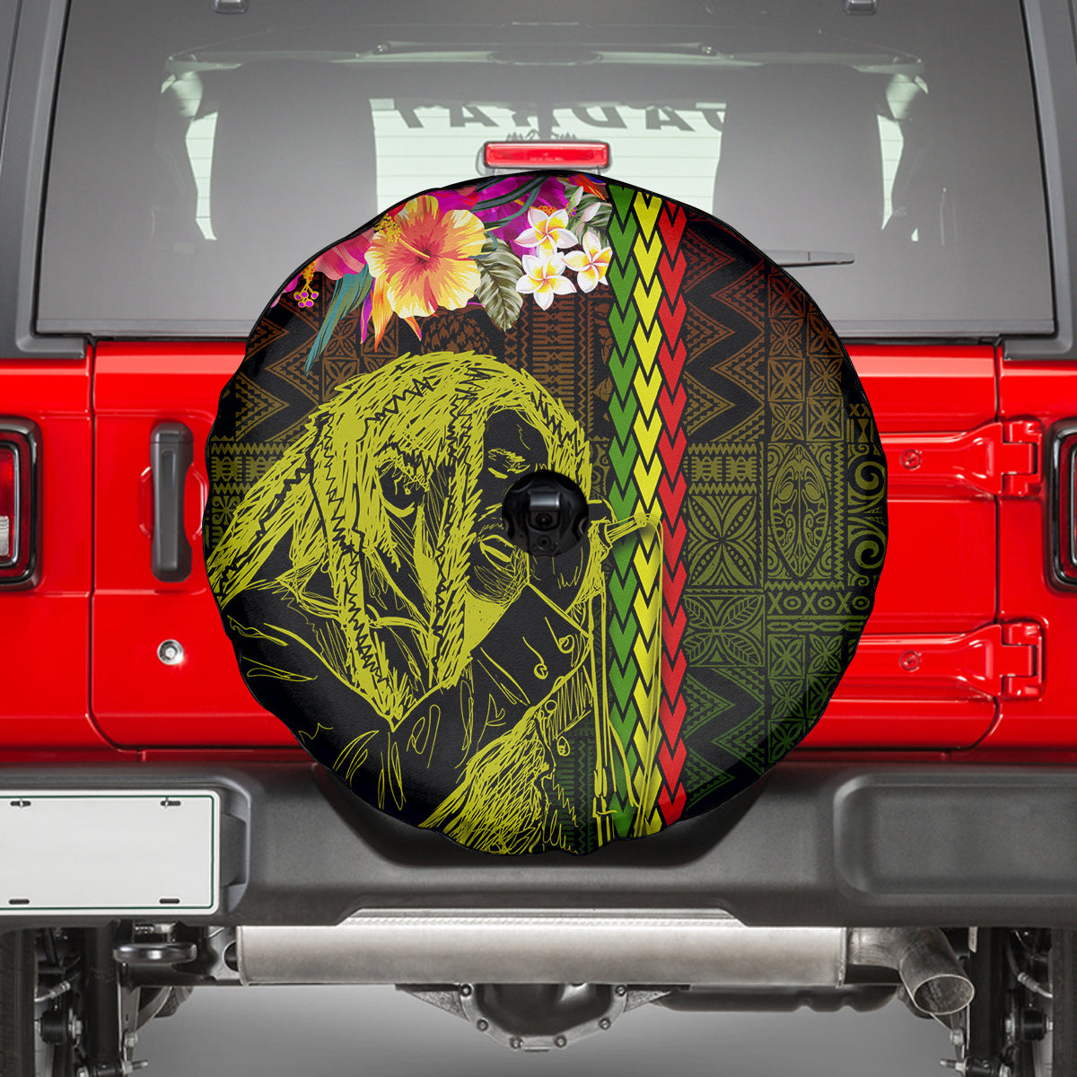 Hawaiian Reggae Music Spare Tire Cover Jamaica Singer Tribal Polynesian and Hibiscus LT03 - Polynesian Pride