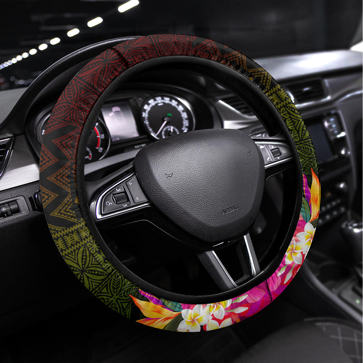 Hawaiian Reggae Music Steering Wheel Cover Jamaica Singer Tribal Polynesian and Hibiscus LT03 Universal Fit Black - Polynesian Pride