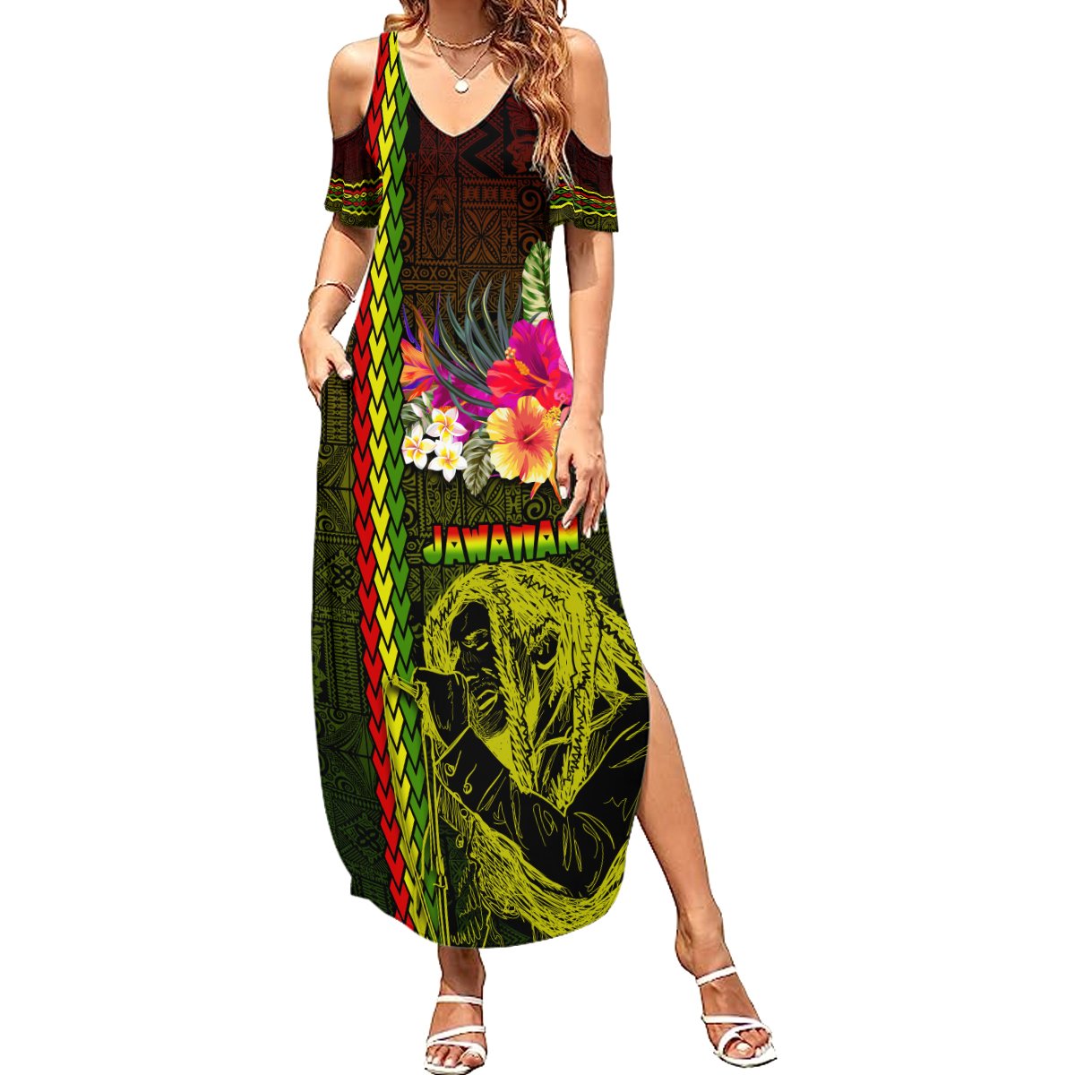 Hawaiian Reggae Music Summer Maxi Dress Jamaica Singer Tribal Polynesian and Hibiscus LT03 Women Black - Polynesian Pride