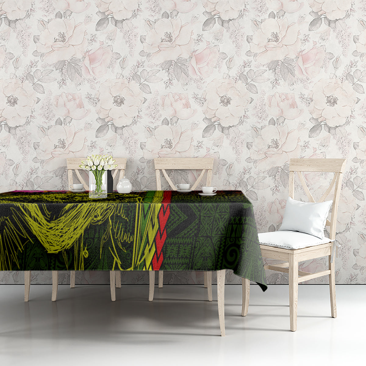Hawaiian Reggae Music Tablecloth Jamaica Singer Tribal Polynesian and Hibiscus