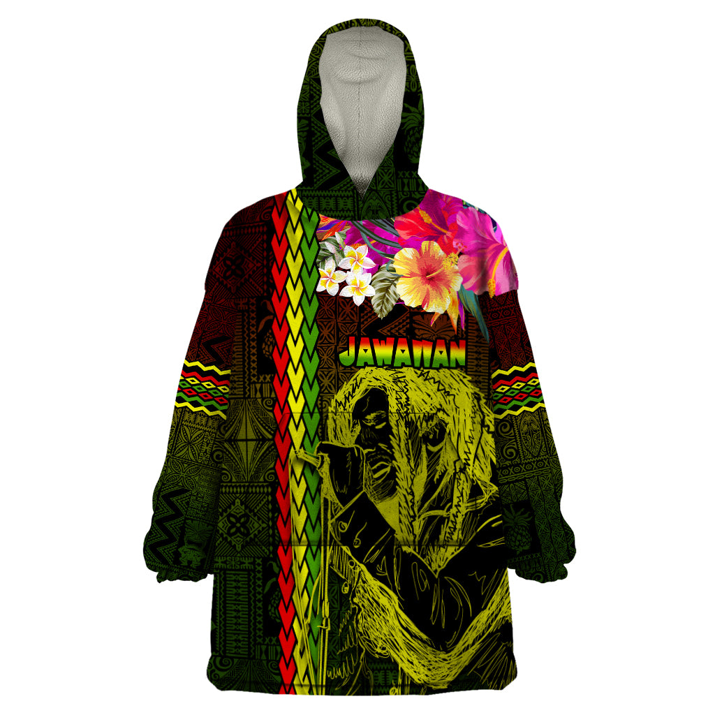 Hawaiian Reggae Music Wearable Blanket Hoodie Jamaica Singer Tribal Polynesian and Hibiscus LT03 One Size Black - Polynesian Pride