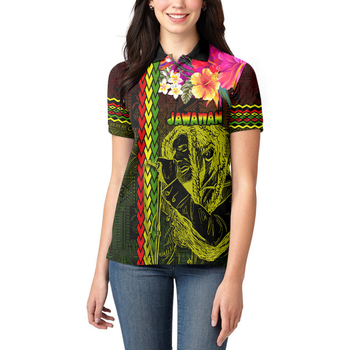 Hawaiian Reggae Music Women Polo Shirt Jamaica Singer Tribal Polynesian and Hibiscus LT03 - Polynesian Pride