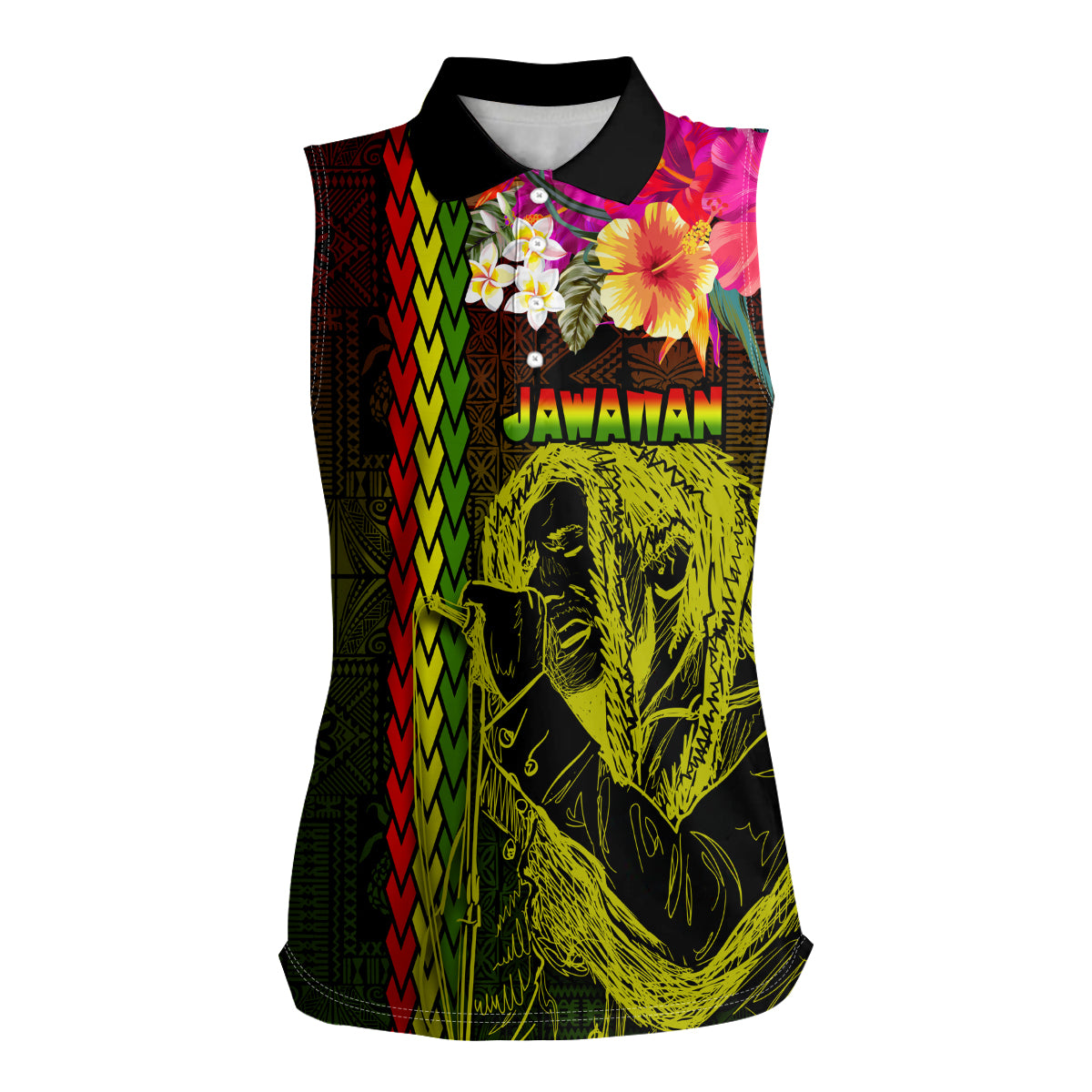 Hawaiian Reggae Music Women Sleeveless Polo Shirt Jamaica Singer Tribal Polynesian and Hibiscus LT03 Female Black - Polynesian Pride