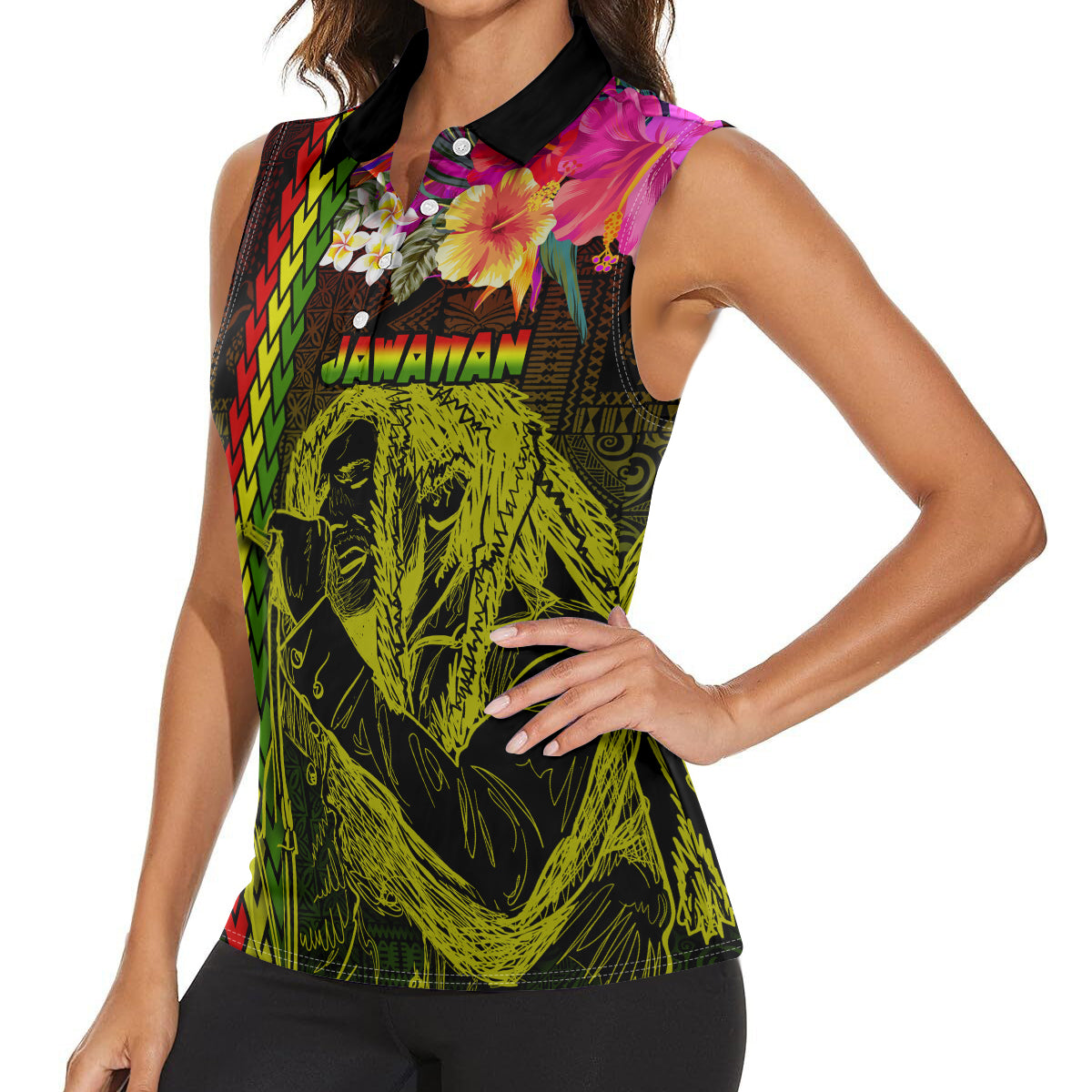 Hawaiian Reggae Music Women Sleeveless Polo Shirt Jamaica Singer Tribal Polynesian and Hibiscus LT03 - Polynesian Pride