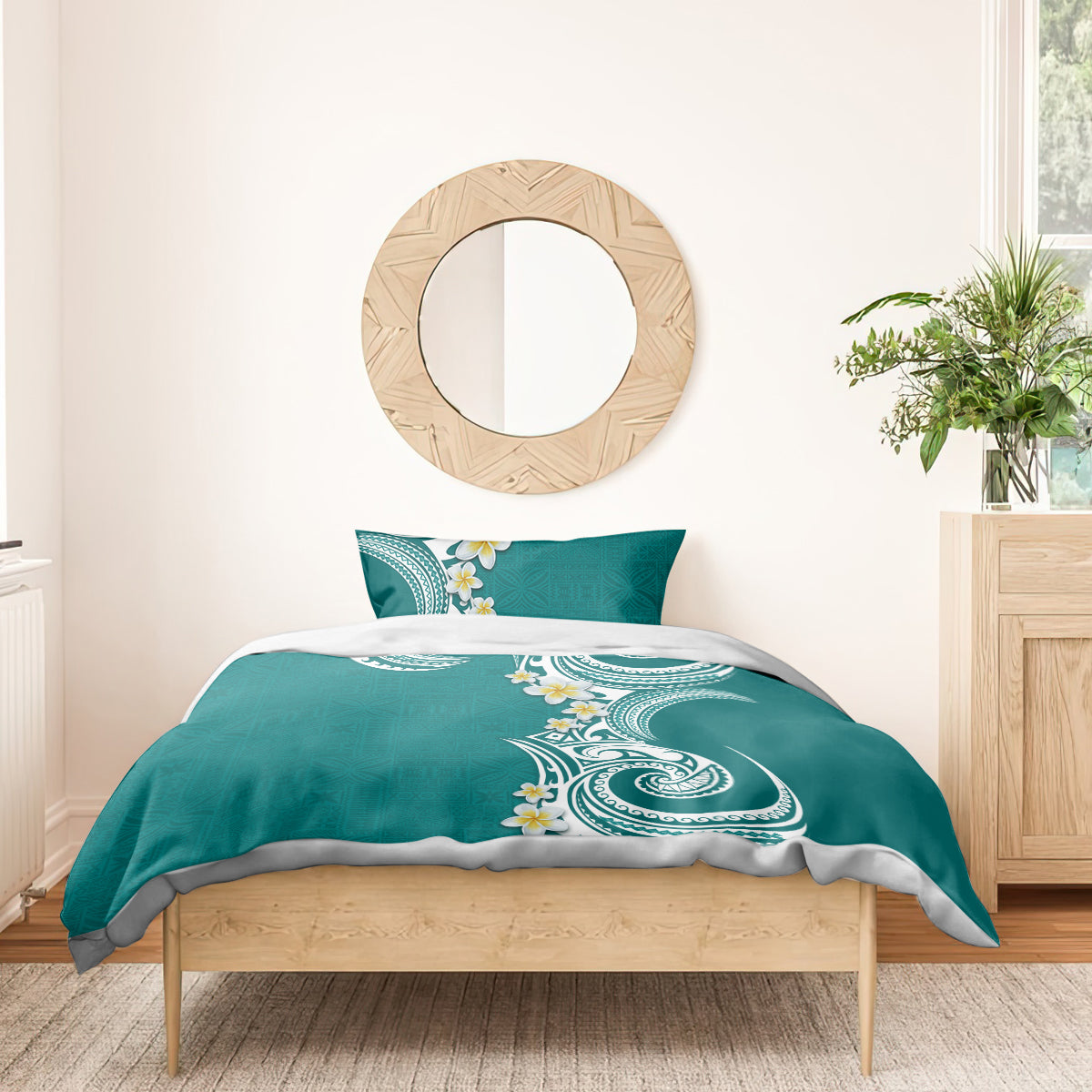 Aloha Polynesian Plumeria Flower Bedding Set Teal Color