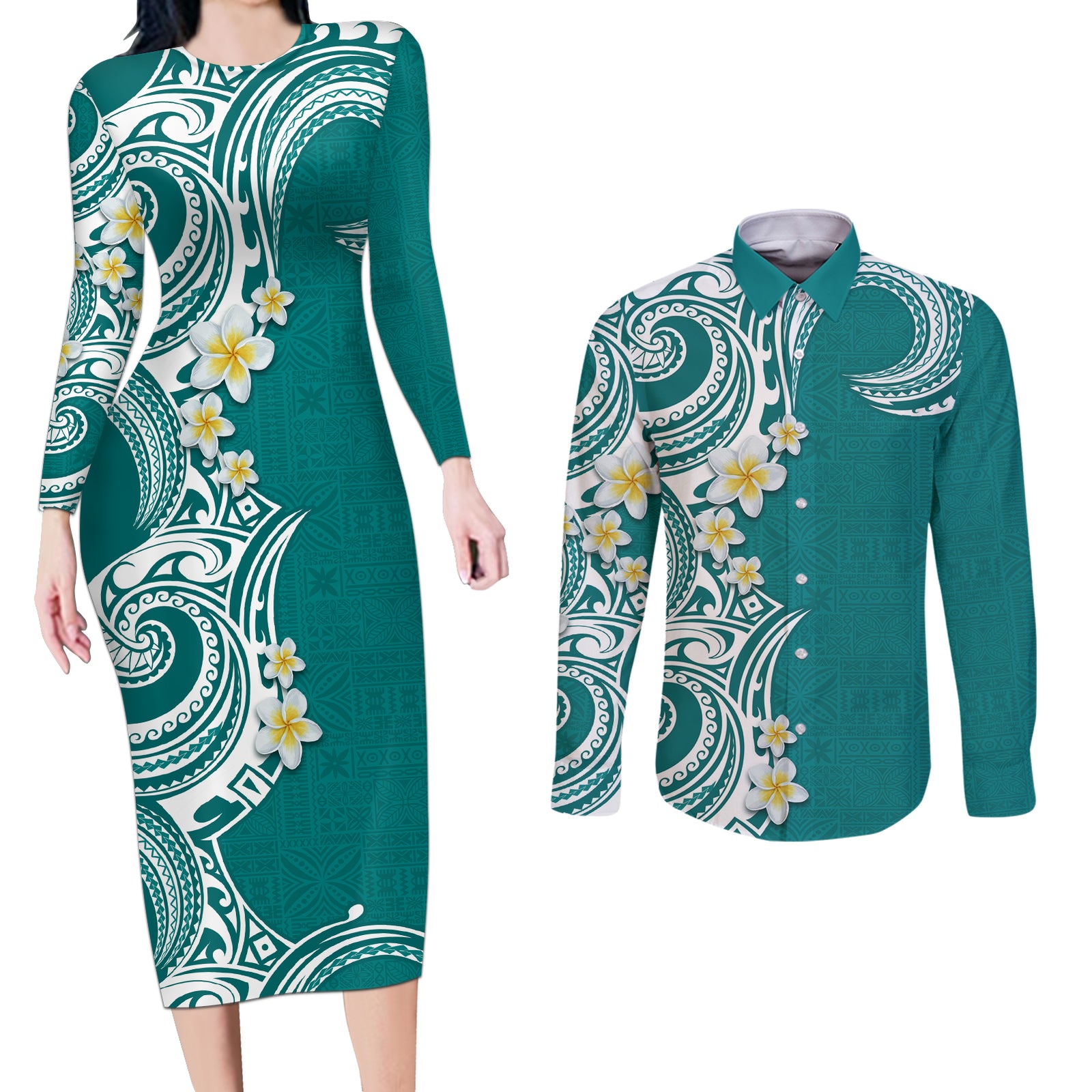 Aloha Polynesian Plumeria Flower Couples Matching Long Sleeve Bodycon Dress and Long Sleeve Button Shirt Teal Color