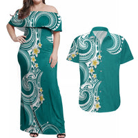 Aloha Polynesian Plumeria Flower Couples Matching Off Shoulder Maxi Dress and Hawaiian Shirt Teal Color LT03 Teal - Polynesian Pride