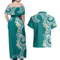 Aloha Polynesian Plumeria Flower Couples Matching Off Shoulder Maxi Dress and Hawaiian Shirt Teal Color LT03 - Polynesian Pride