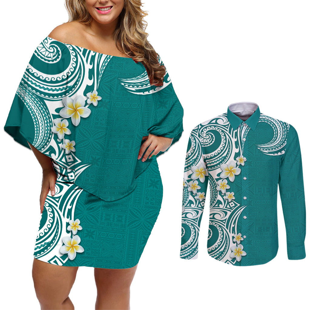 Aloha Polynesian Plumeria Flower Couples Matching Off Shoulder Short Dress and Long Sleeve Button Shirt Teal Color