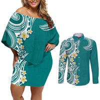 Aloha Polynesian Plumeria Flower Couples Matching Off Shoulder Short Dress and Long Sleeve Button Shirt Teal Color