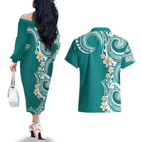 Aloha Polynesian Plumeria Flower Couples Matching Off The Shoulder Long Sleeve Dress and Hawaiian Shirt Teal Color