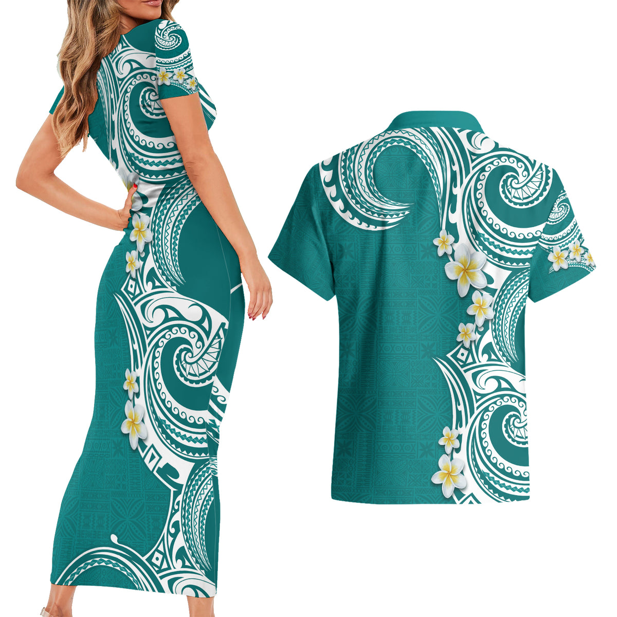 Aloha Polynesian Plumeria Flower Couples Matching Short Sleeve Bodycon Dress and Hawaiian Shirt Teal Color LT03 - Polynesian Pride