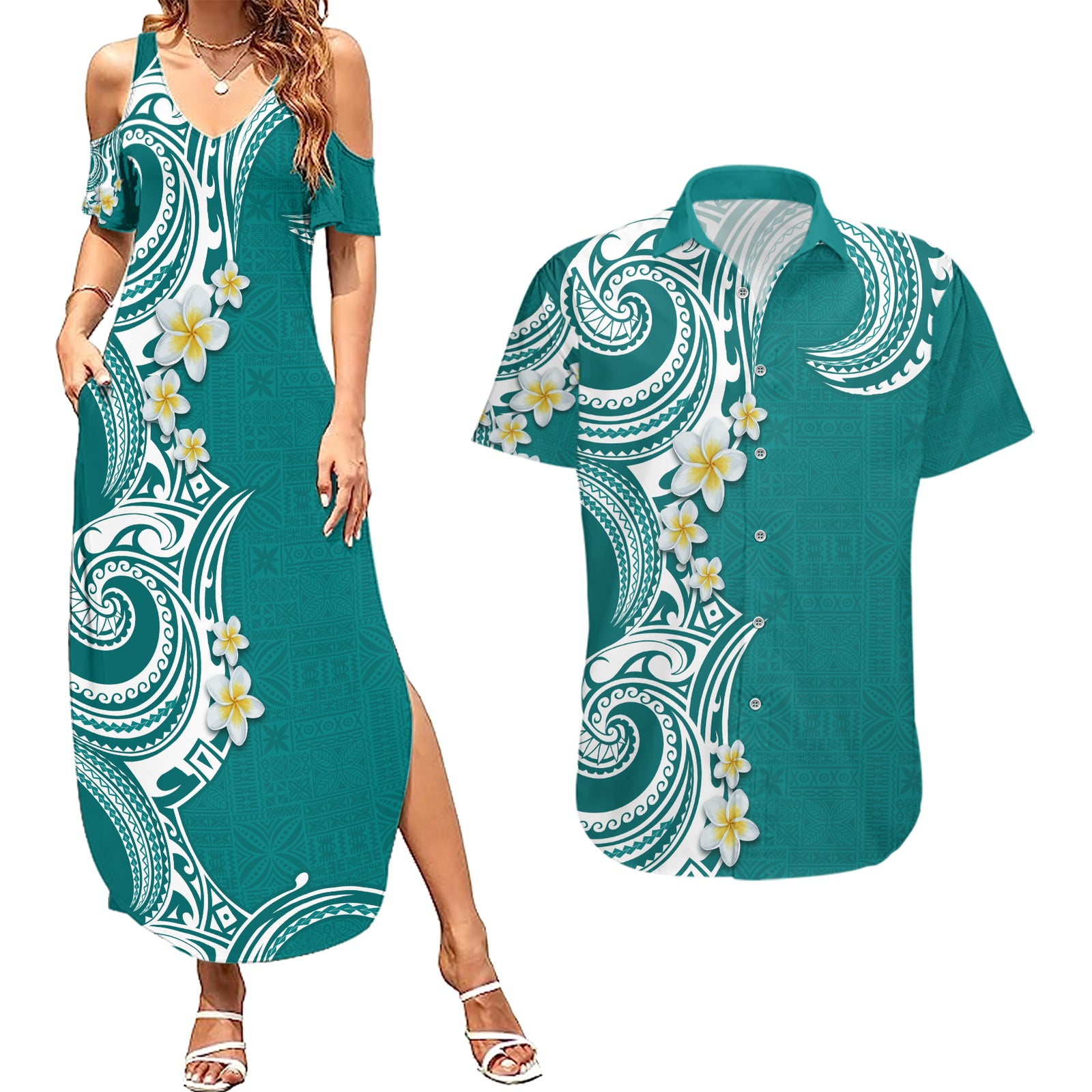 Aloha Polynesian Plumeria Flower Couples Matching Summer Maxi Dress and Hawaiian Shirt Teal Color
