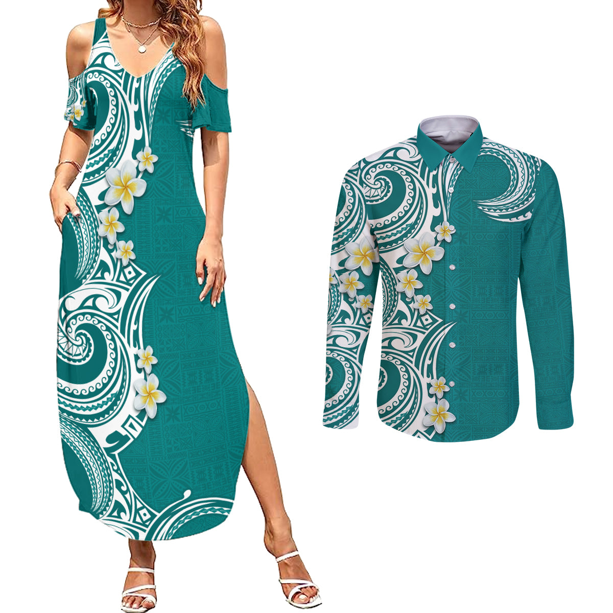 Aloha Polynesian Plumeria Flower Couples Matching Summer Maxi Dress and Long Sleeve Button Shirt Teal Color