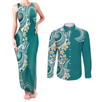 Aloha Polynesian Plumeria Flower Couples Matching Tank Maxi Dress and Long Sleeve Button Shirt Teal Color