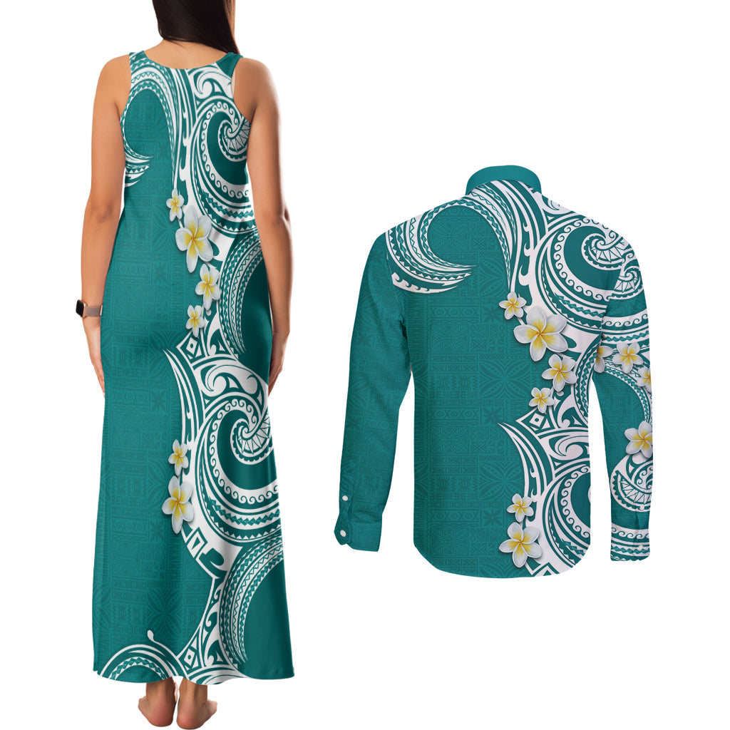 Aloha Polynesian Plumeria Flower Couples Matching Tank Maxi Dress and Long Sleeve Button Shirt Teal Color