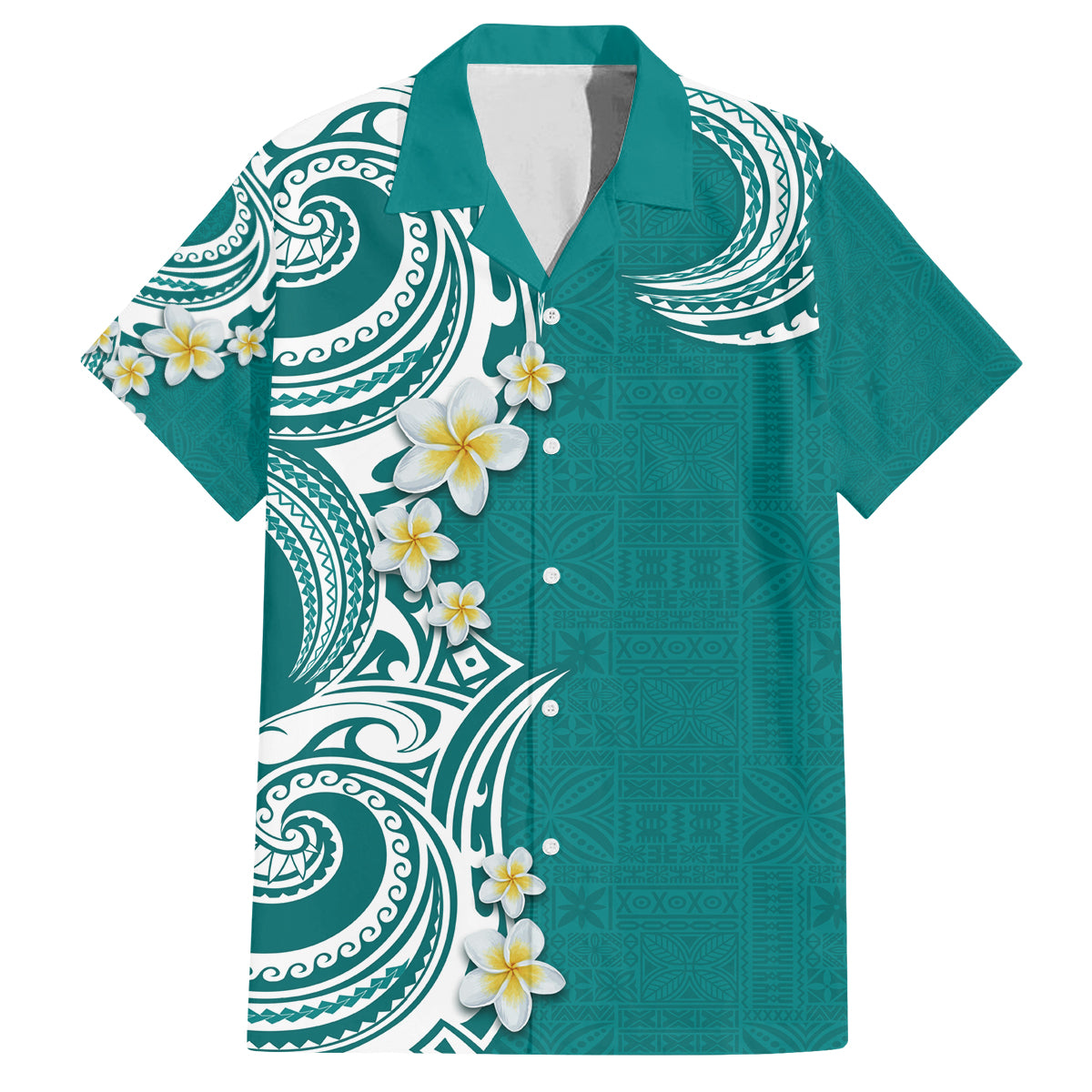 Aloha Polynesian Plumeria Flower Family Matching Long Sleeve Bodycon Dress and Hawaiian Shirt Teal Color