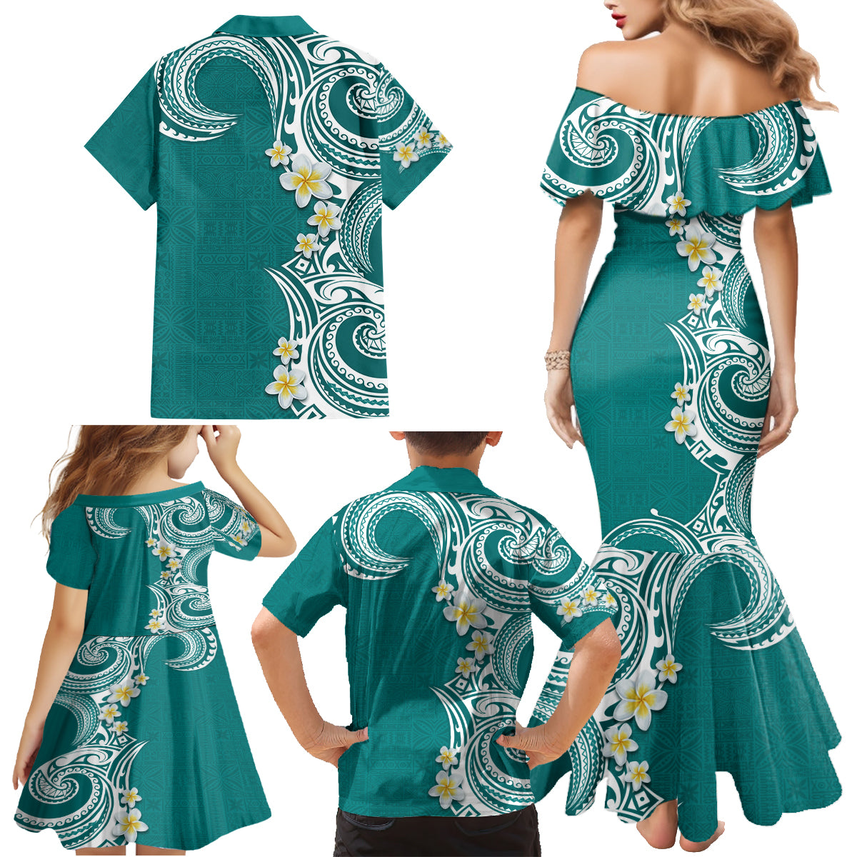 Aloha Polynesian Plumeria Flower Family Matching Mermaid Dress and Hawaiian Shirt Teal Color LT03 - Polynesian Pride