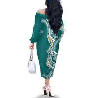 Aloha Polynesian Plumeria Flower Family Matching Off The Shoulder Long Sleeve Dress and Hawaiian Shirt Teal Color