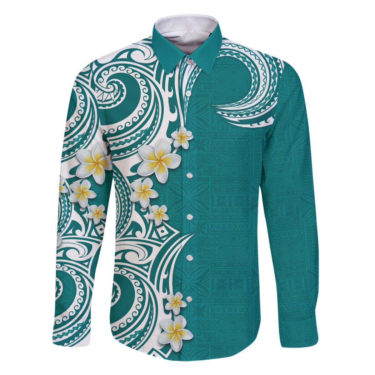 Aloha Polynesian Plumeria Flower Family Matching Off Shoulder Maxi Dress and Hawaiian Shirt Teal Color LT03 Dad's Shirt - Long Sleeve Teal - Polynesian Pride