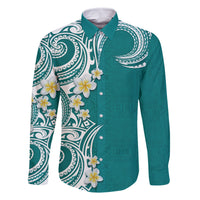 Aloha Polynesian Plumeria Flower Family Matching Off Shoulder Maxi Dress and Hawaiian Shirt Teal Color LT03 Dad's Shirt - Long Sleeve Teal - Polynesian Pride