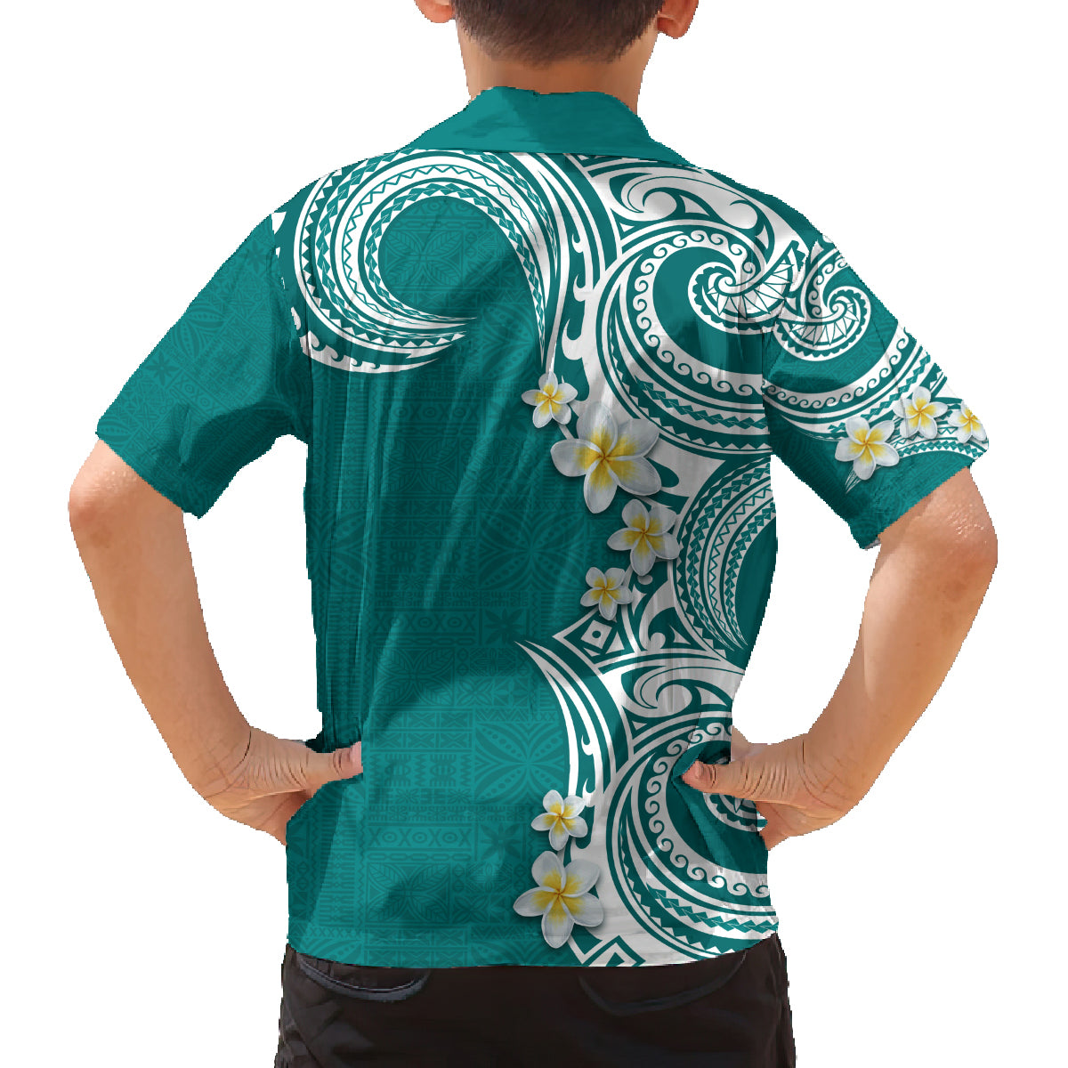 Aloha Polynesian Plumeria Flower Family Matching Puletasi and Hawaiian Shirt Teal Color LT03 - Polynesian Pride