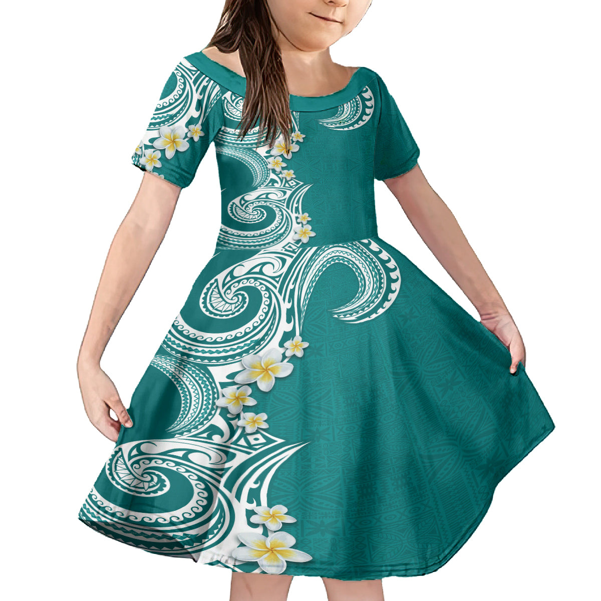 Aloha Polynesian Plumeria Flower Family Matching Puletasi and Hawaiian Shirt Teal Color LT03 Daughter's Dress Teal - Polynesian Pride