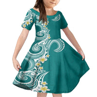 Aloha Polynesian Plumeria Flower Family Matching Puletasi and Hawaiian Shirt Teal Color LT03 Daughter's Dress Teal - Polynesian Pride