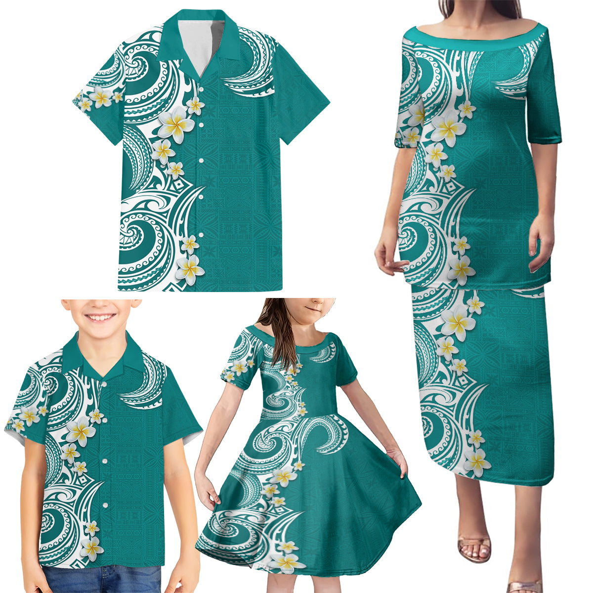 Aloha Polynesian Plumeria Flower Family Matching Puletasi and Hawaiian Shirt Teal Color LT03 - Polynesian Pride