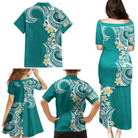 Aloha Polynesian Plumeria Flower Family Matching Puletasi and Hawaiian Shirt Teal Color LT03 - Polynesian Pride