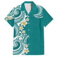 Aloha Polynesian Plumeria Flower Family Matching Short Sleeve Bodycon Dress and Hawaiian Shirt Teal Color