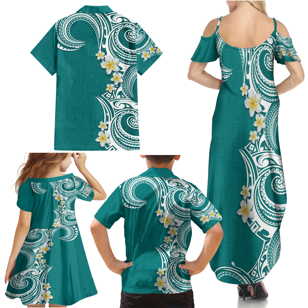 Aloha Polynesian Plumeria Flower Family Matching Summer Maxi Dress and Hawaiian Shirt Teal Color