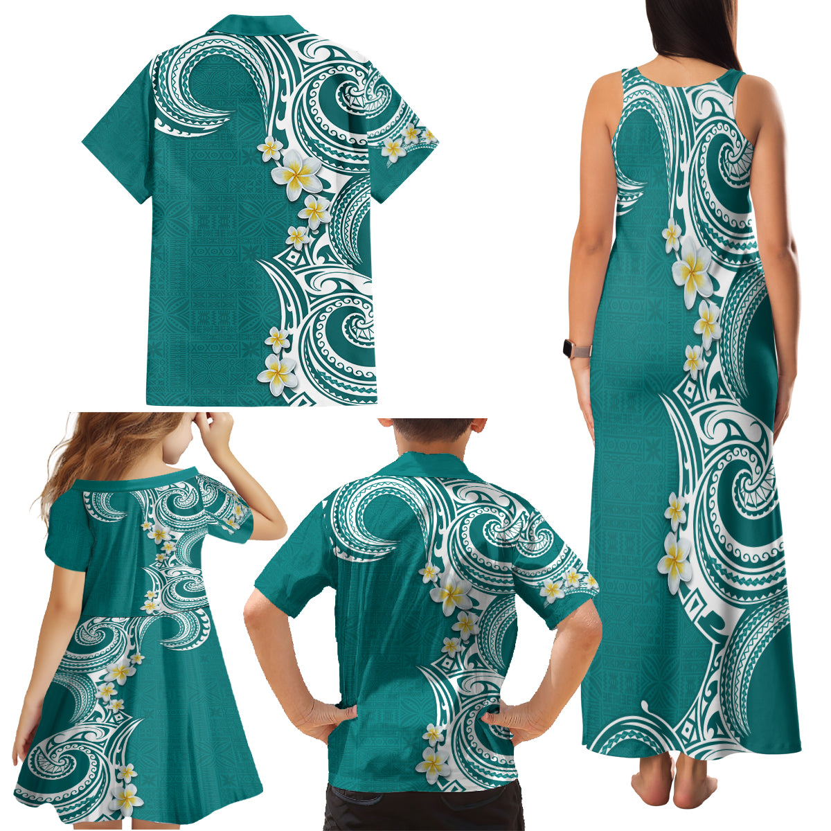 Aloha Polynesian Plumeria Flower Family Matching Tank Maxi Dress and Hawaiian Shirt Teal Color
