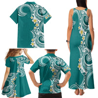 Aloha Polynesian Plumeria Flower Family Matching Tank Maxi Dress and Hawaiian Shirt Teal Color