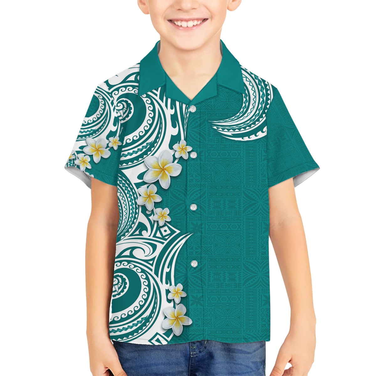 Aloha Polynesian Plumeria Flower Family Matching Tank Maxi Dress and Hawaiian Shirt Teal Color
