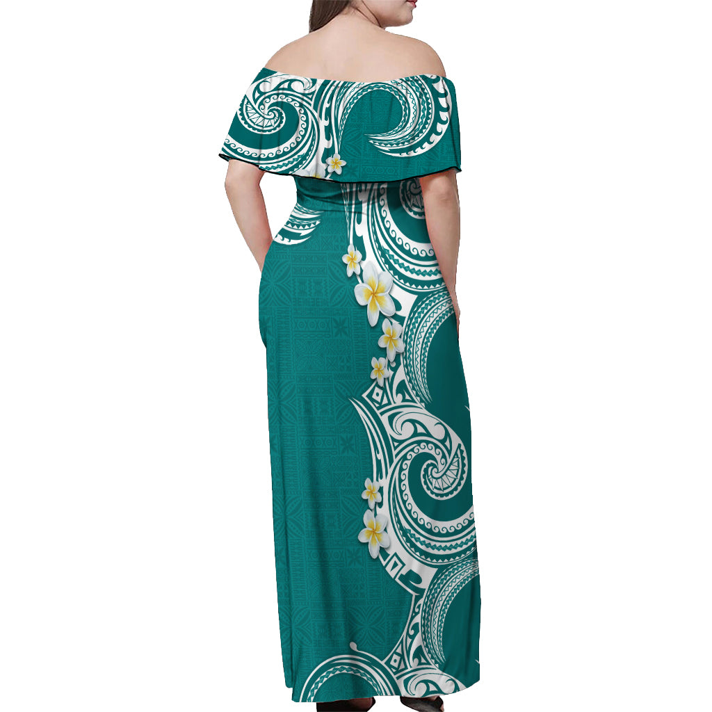 Aloha Polynesian Plumeria Flower Off Shoulder Maxi Dress Teal Color