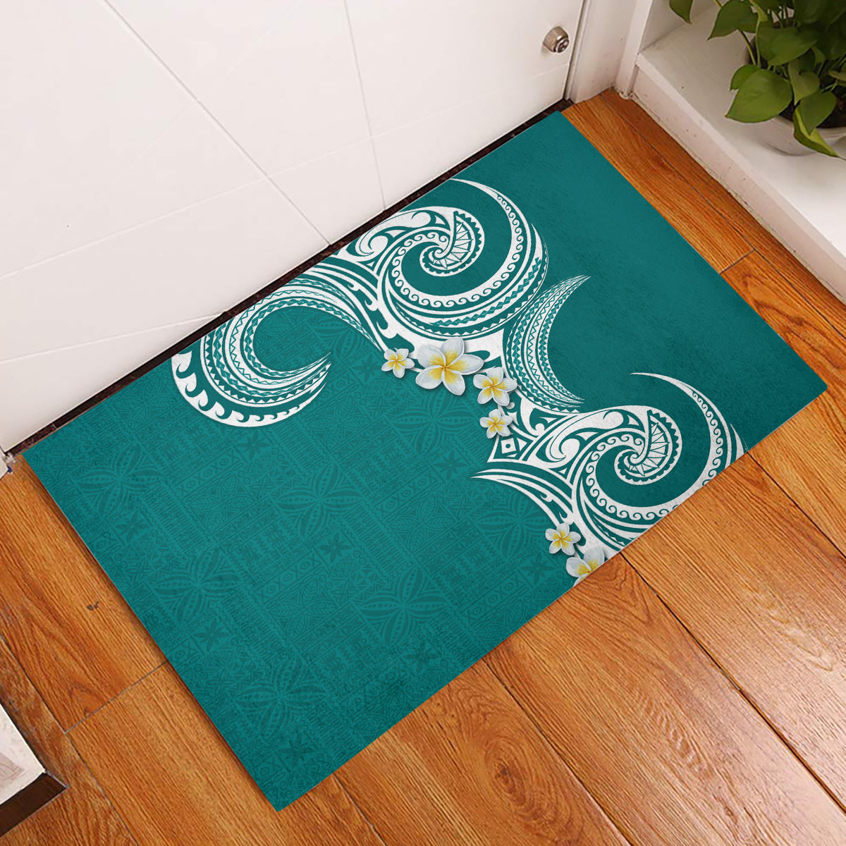 Aloha Polynesian Plumeria Flower Rubber Doormat Teal Color