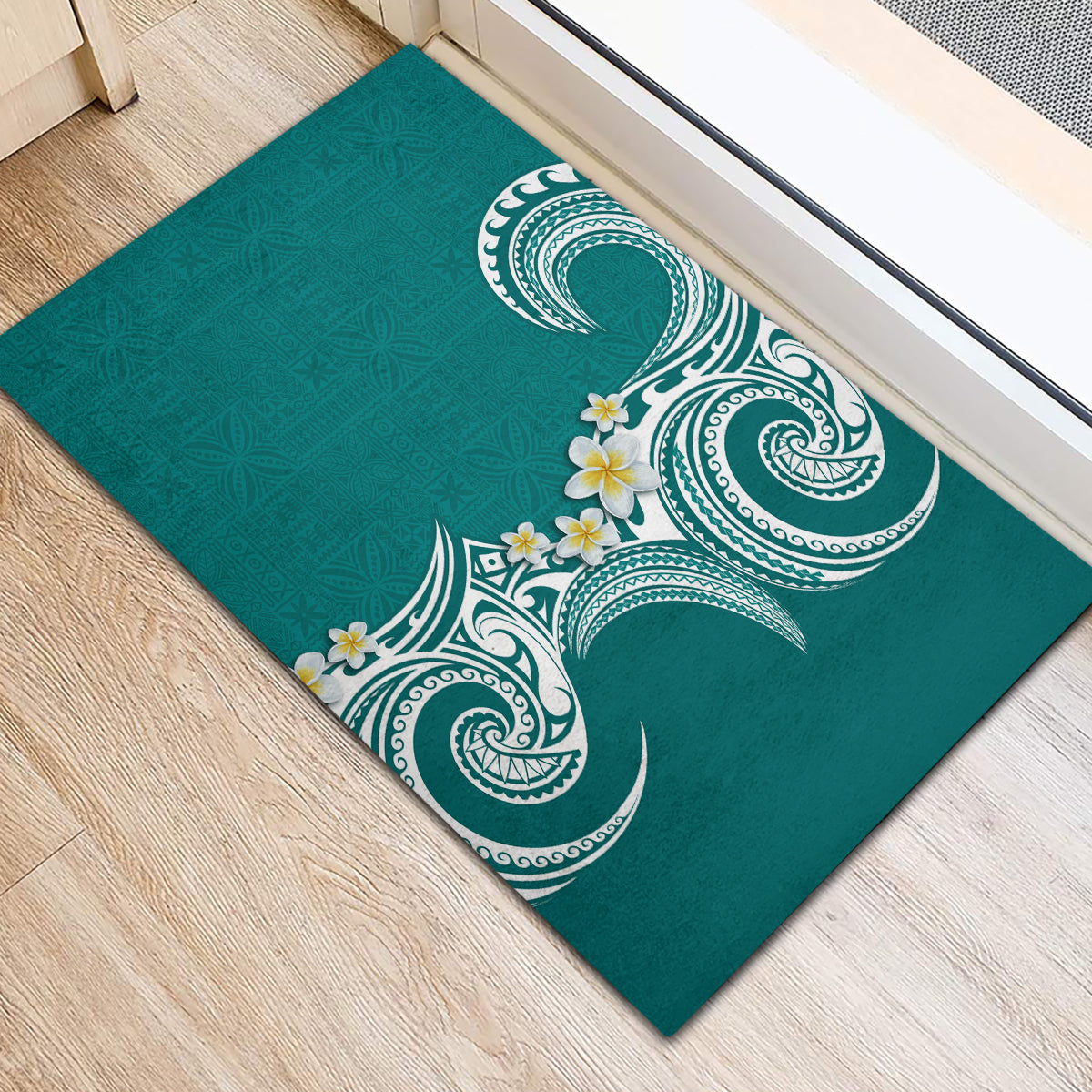 Aloha Polynesian Plumeria Flower Rubber Doormat Teal Color