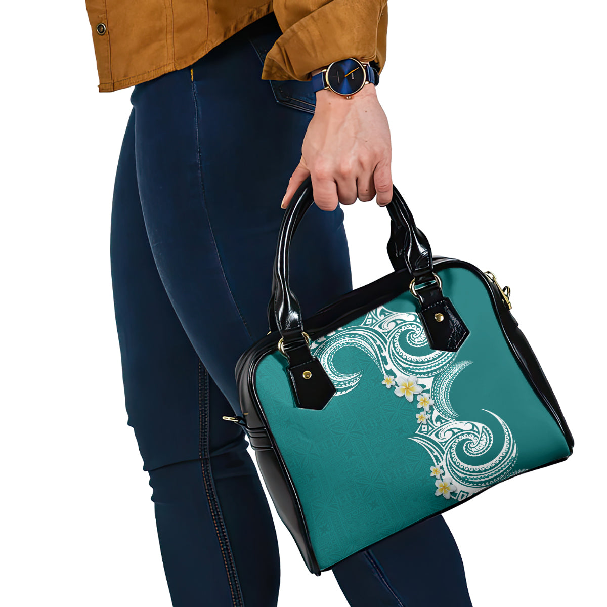 Aloha Polynesian Plumeria Flower Shoulder Handbag Teal Color