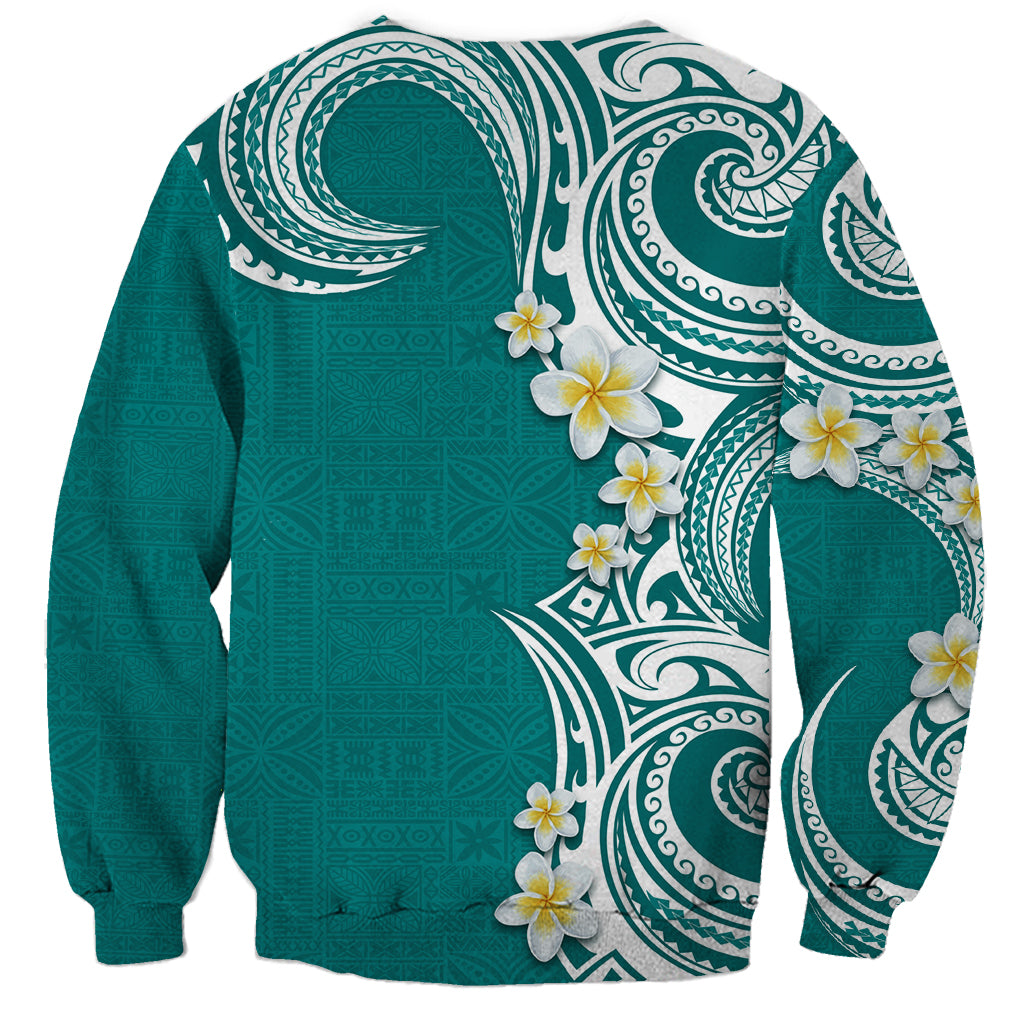 Aloha Polynesian Plumeria Flower Sweatshirt Teal Color