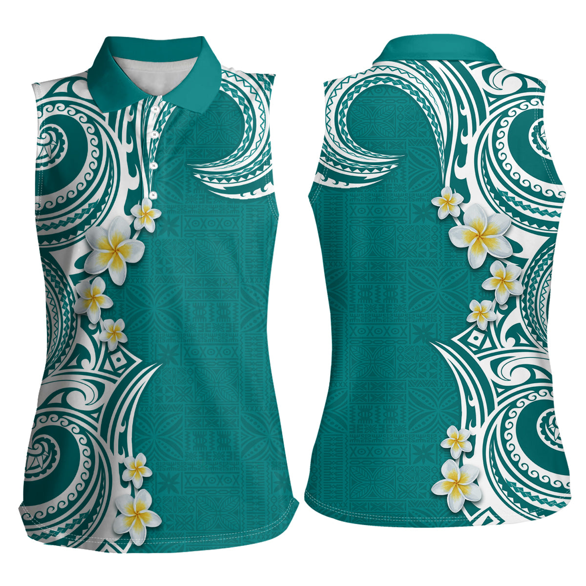 Aloha Polynesian Plumeria Flower Women Sleeveless Polo Shirt Teal Color LT03 - Polynesian Pride