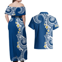 Aloha Polynesian Plumeria Flower Couples Matching Off Shoulder Maxi Dress and Hawaiian Shirt Blue Color LT03 - Polynesian Pride