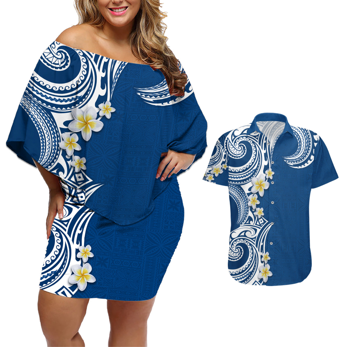 Aloha Polynesian Plumeria Flower Couples Matching Off Shoulder Short Dress and Hawaiian Shirt Blue Color