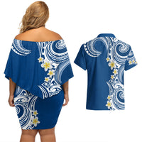 Aloha Polynesian Plumeria Flower Couples Matching Off Shoulder Short Dress and Hawaiian Shirt Blue Color