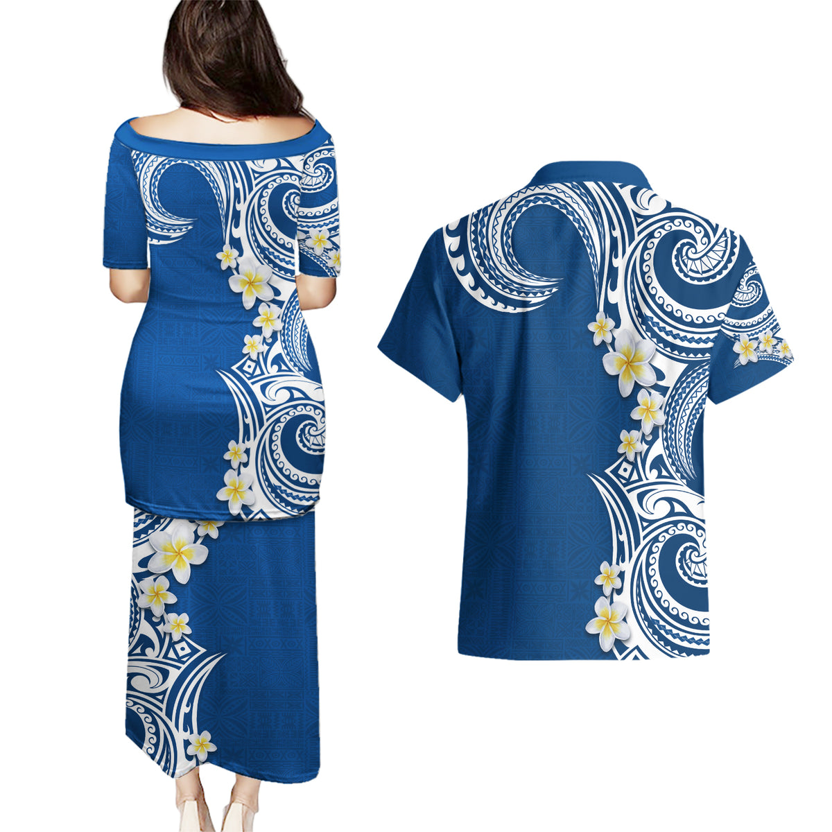 Aloha Polynesian Plumeria Flower Couples Matching Puletasi and Hawaiian Shirt Blue Color LT03 - Polynesian Pride